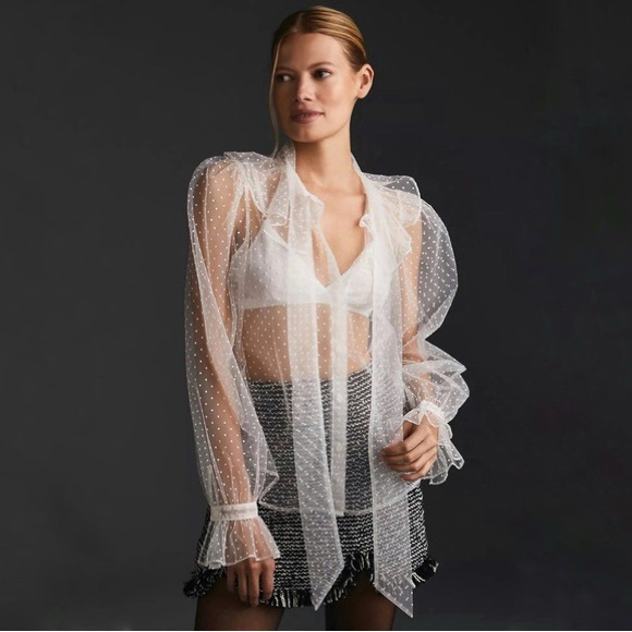 NWT Anthropologie Dolan Sheer Tie-Front Blouse in White Size Large
